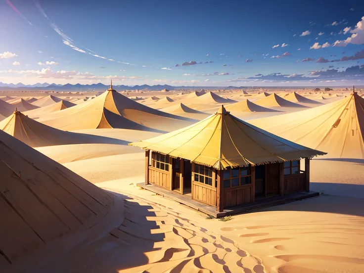 Stretching across the barren desert, the city of Suntolu is a vast expanse of tents and simple wooden structures, covering 80% of the landscape. The entire city is composed solely of tightly packed tents and wooden frameworks, each draped with weathered ca...