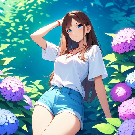 4K, June Scenario, Beautiful latina woman, long hair, chestnut hair, medium breasts, blue colored eyes, white  shirt, hot pants, red necklace, gazing at viewer, natta, colorful hydrangea