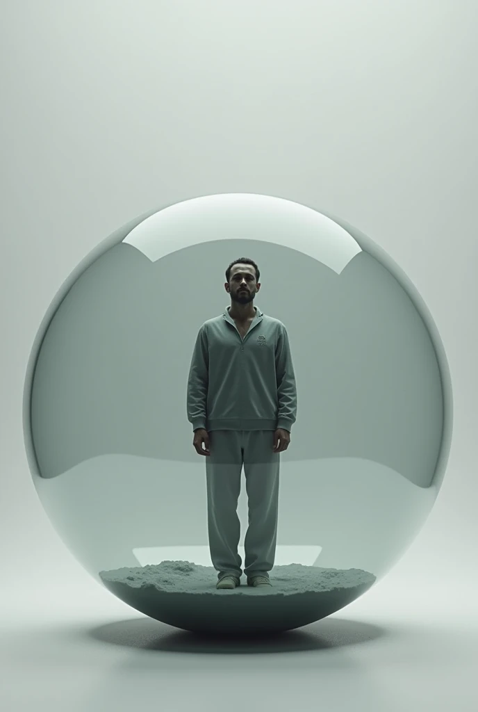 A man enclosed in transparent circular glass in grayscale color, realistic style, full hd