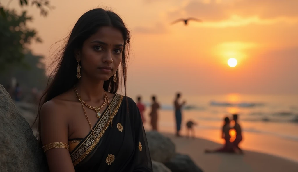 late evening scenario, photoshoot, 25YO, beautiful dusky Bangali woman (shy smirk:1.4), cute face, mentaly depression looking on her face, sitting on the boat, some hair fly in the air,show side view in the face, in a black designer saree, golden sleeve bl...