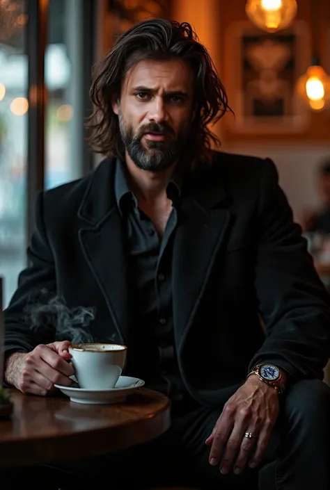 a handsome man with black brown long hair and beard , and a beard like character reference , face very much similar to character reference, suitable for a YouTube video in format, brown eyes, wearing blue tight black pants, black coat and dark black shirt,...