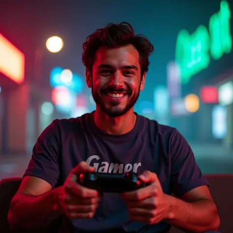 Youtuber playing gta with a controller in his hand and shirts that say gamer, light brown skin color and red, blue and green background colors