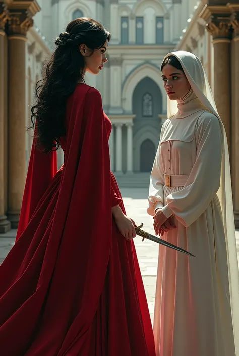 Create a picture where there are 2 girls, One is a royal countess who wears a red dress and has black hair and white skin., The other girl is wearing a white, unrebellious novice dress and has piercing green eyes., Both are outside a convent or monastery a...