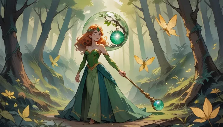 A forest enchantress with a misty, emerald-green aura that seems to breathe with life. Her attire is a flowing gown made of layered leaves and vines, shifting in shades of green and gold. The gown is decorated with delicate flowers and glowing fireflies. S...