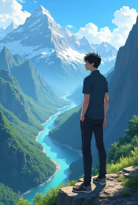 30 year old young man with short black hair, thin and with anime style mountain landscape background 