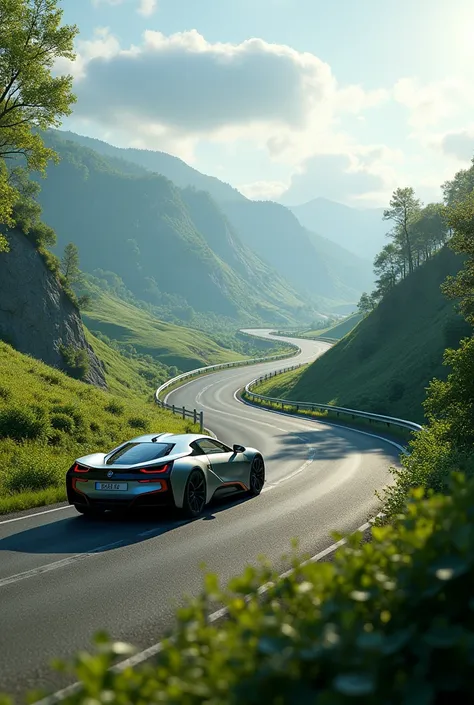 
A distant view of a BMW on winding roads in beautiful valleys