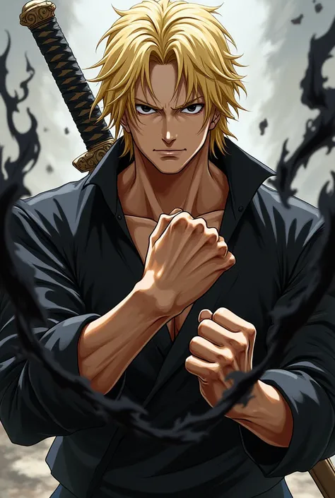 Draw a white blond character in the style of One Piece, with blond hair down to the neck, not too long, with a sword on his back wearing a black outfit, he has black eyes and his fists are covered in black flames 