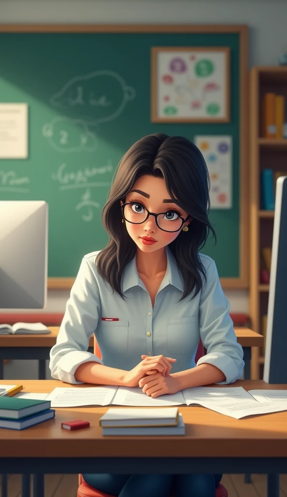 A teacher with glasses was sitting at her desk in a school.