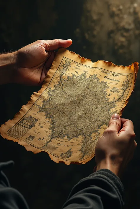 A mans hands holding an antique map of the Parisian catacombs, detailed illustration, 19th century style, sepia tones, chiaroscuro lighting, highly detailed, intricate textures, vintage, meticulous, old paper, weathered, worn, atmospheric, moody, cinematic