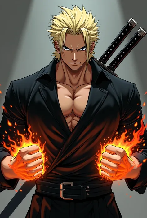 Draw a white blond character in the style of One Piece, with blond hair down to the neck, not too long, with a sword on his back wearing a black outfit, he has black eyes and his fists are covered in black flames 