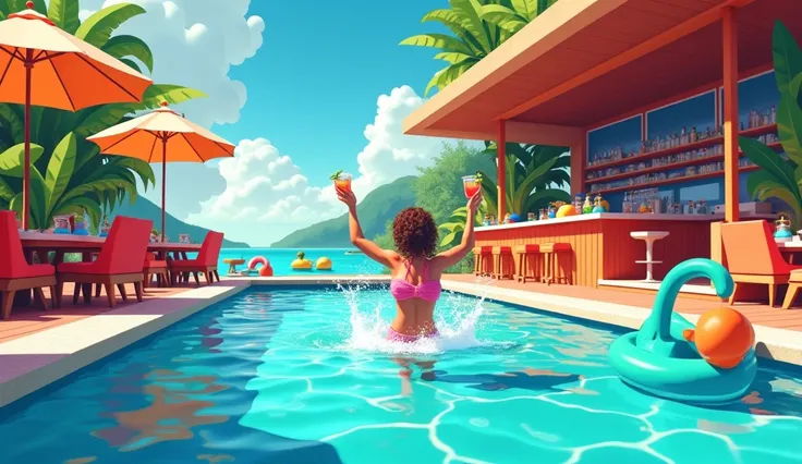 Image of a bar in the pool with a person playing on the water 