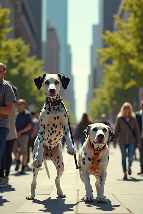 A dalmatian on his two legs walks a man acting like a dog on a big Avenue 