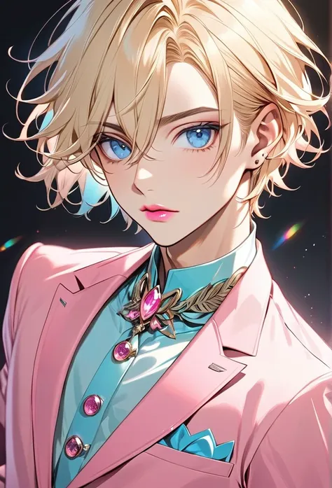 One male with light blonde hair, with light blue eyes, with pink eyeshadow, he is wearing a male outfit the style is a pink suit, he is flat chested like a man, he also has pericings, short hair, he has pretty pink lips.