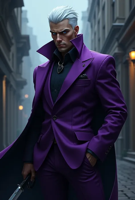 A white-haired, blue-eyed assassin in a purple suit