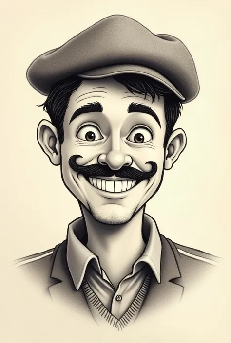 a smiling man with a mustache and beret in a drawing
