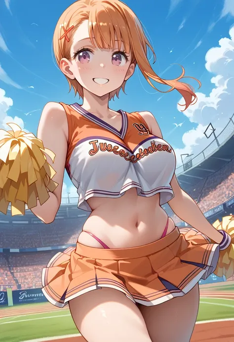 masterpiece,high resolution,best quality,8k
(yurikawa hana,busty,huge hip)
(cheerleader outfits)(string panties)
smile,jump