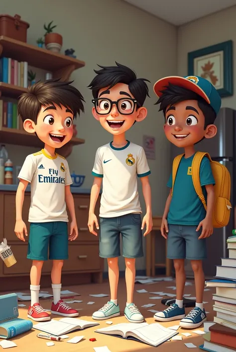 André (White, Real Madrid shirt), felipe (tall with glasses) and Claudio (black man with hat) Teenagers didn&#39;t help with homework or put in any effort. (show them laughing and playing with the messy house