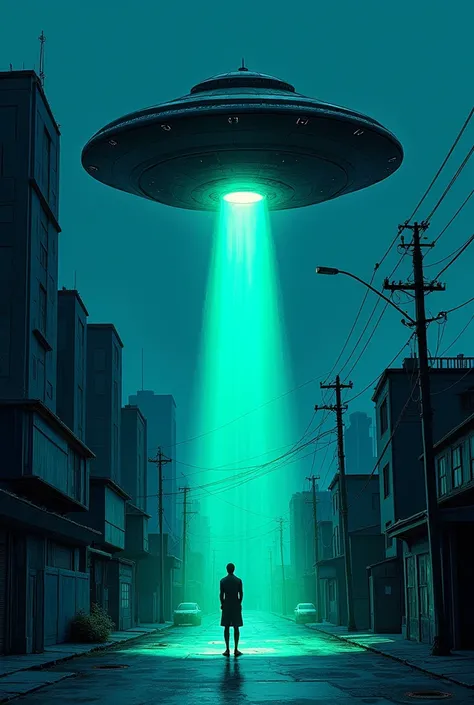 A deserted street in a modern city at night, with tall buildings and houses in the background. Above, a flying saucer hovers, emitting a neon green laser beam. The entire image is in a sketch style, with rough, hand-drawn lines that give it a raw, artistic...