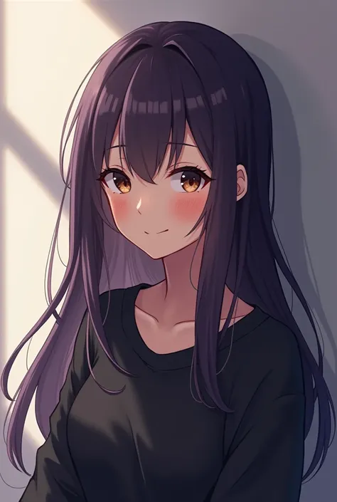 Female gender, anime, black sweatshirt, dark skin color, smiling softly, light brown eyes, long dark purple hair, delicate expression