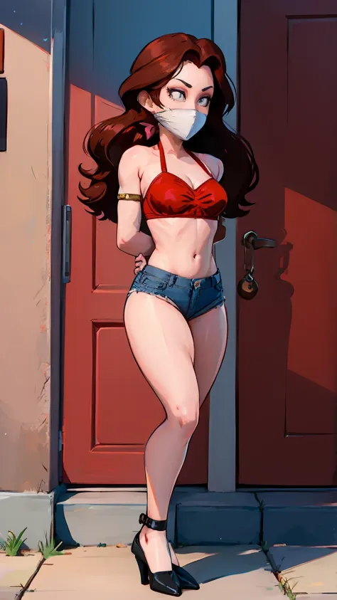 pauline, nsfw, (skinny, thin, tall, skinny body), bondage, brown hair, (( blue jean mini shorts, red bra, red brassiere, red top...