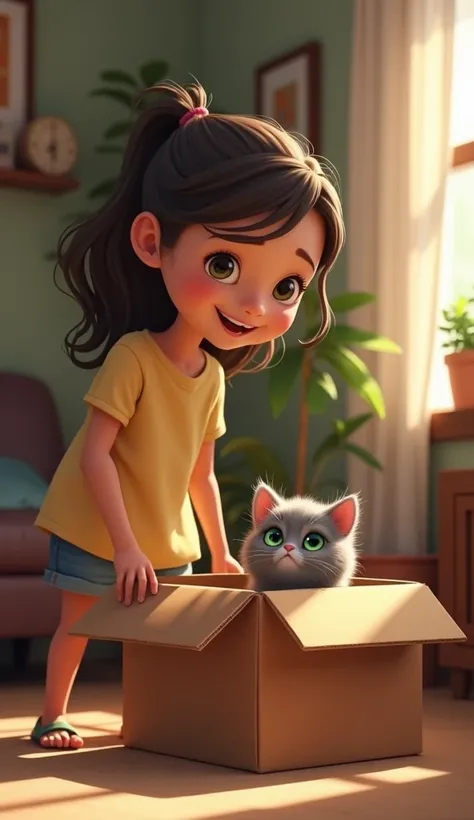 create a realistic picture, A  named Lila walks into the living room, looking for her kitten, Milo. Lila heard a "Miau!" from inside a large cardboard box in the corner of the room. When Lila approached, she saw Milo, the fluffy gray kitten, sitting in the...