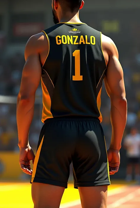 Create a striking Men&#39;s Volleyball Uniform sketch with black and gold colors, with the name Gonzalo and number 1