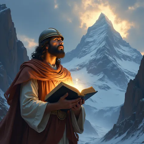 The towering mountain represents an overwhelming obstacle, and the Bible, glowing with divine light, symbolizes the wisdom and power found in Scripture. The believer holds the Bible with confidence, showing how they rely on God’s Word to navigate difficult...