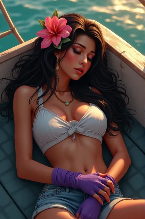 Brazilian woman, with camila rosa floreada, short shorts, purple fingerless gloves, asleep and tied up on a boat