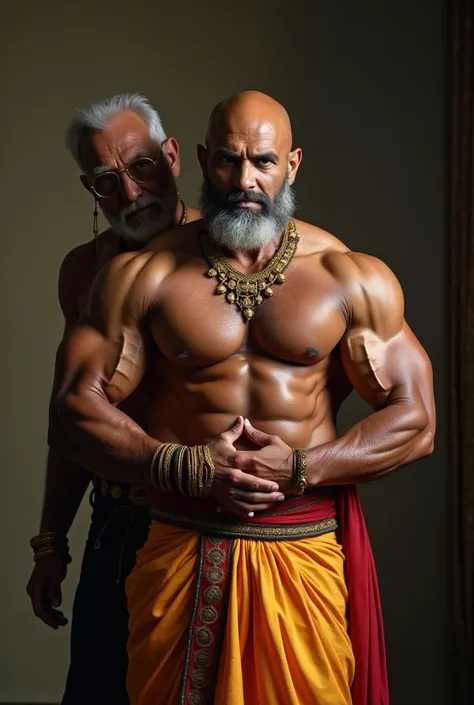 A indian bodybuilder wearing traditional indian dress of a king is bending 90 degree and a old man is behind the bodybuilder in this position hugging the bodybuilder chest muscles as in anal gay sex position 