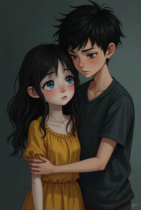 (masterpiece, The best quality:1.4), couple, the girl crying in her dark blue cobbler, She is wavy white skin and blue eyes dressed in a yellow dress, the boy next to him, black hair and grey eyes 