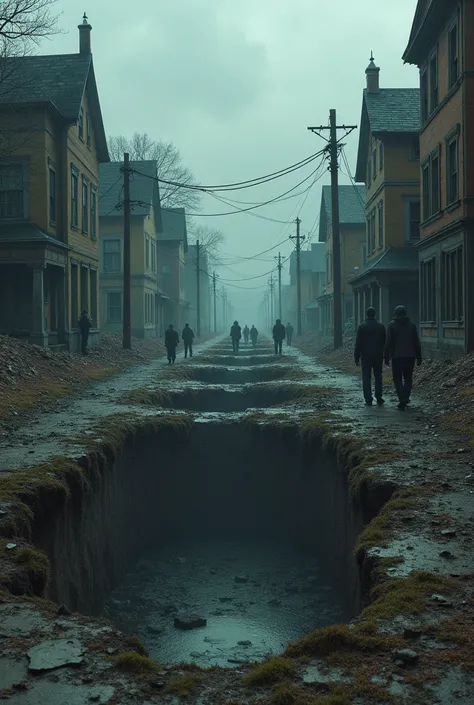 Maisons et rues de centralia  seffondrant, des bâtiments en ruine avec des trous béants dans le sol. On peut voir quelques personnes qui sont tromatiser et entrain de pleurer 