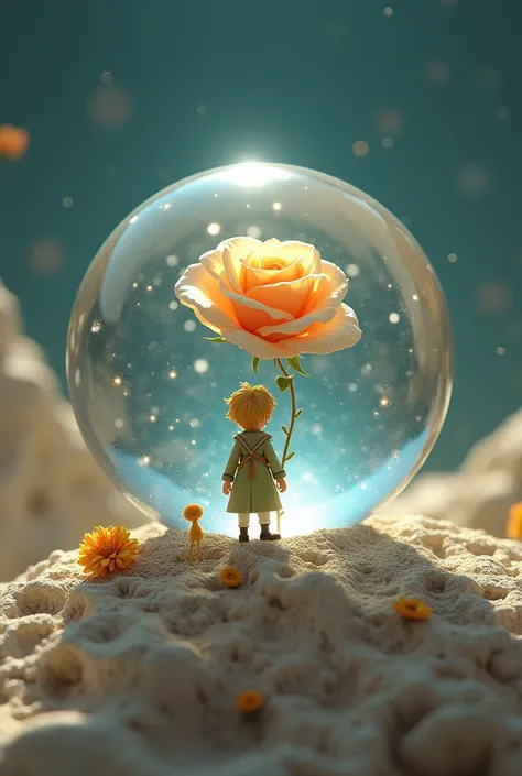 The little prince on an asteroid with a rose inside a crystal 
