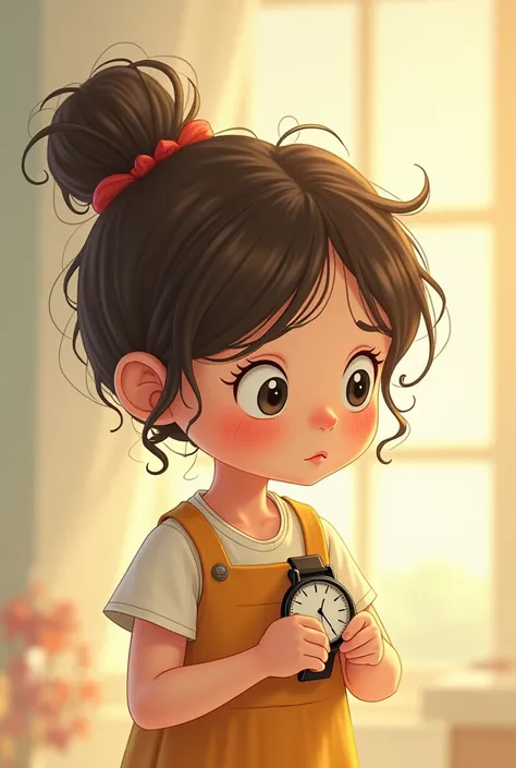 A girl looking at her watch and thinking about her mom in a cartoon
