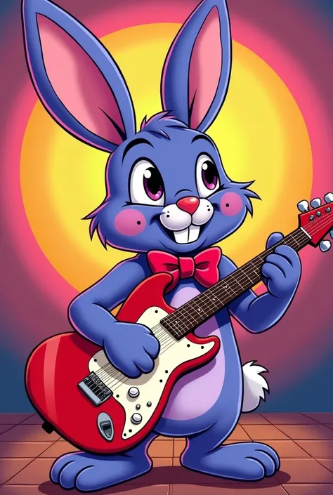 An art of a Purple anthropomorphic rabbit with a lilac spot on its belly, a red bow tie, a red and white guitar, 80&#39;s Cartoon style, anthropomorphic 80&#39;s Cartoon style