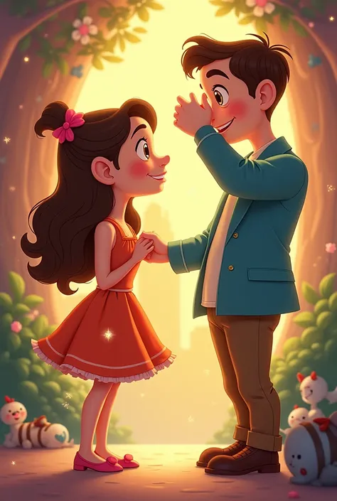 man covering woman&#39;s eyes with his hands to make a Disney cartoon style surprise