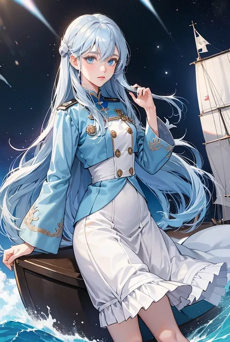 the port, the ship sails, the girl stands on the ship and waves her hand, long white skirt, long arms, long blue hair, blue eyes, the sea, Masterpiece, best quality, [PonyV6 XL] Yuki Mori | Space Battleship Yamato 2199_V1.0, Detailed, Slight blur, soft lip...