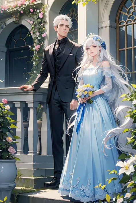 a couple, a girl with blue long hair in a long dress is standing on the balcony, waving to a guy, a guy with white hair in a suit is standing below with a bouquet of flowers, reaching out to a girl, the house is decorated with flowers and vines, Masterpiec...