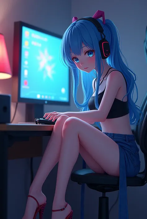 (masterpiece) short anime girl in high heels, blue hair, playing videogames