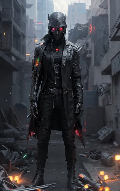 Un hombre con traje de cyberpunk assassin con un casco con una calavera blanca pintada cyberpunk tecnologica con lasers encendidos con una escopeta de pie en una ciudad., cyberpunk knight, cyberpunk soldier, cyberpunk assassin, dystopian science fiction ch...