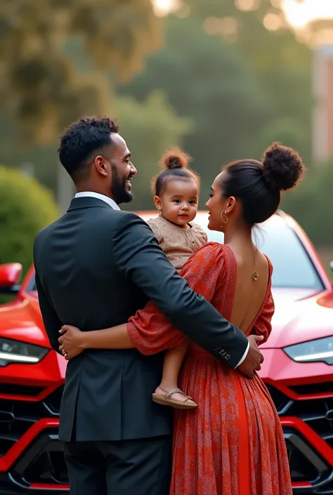 Photo realiste vu de dos un homme une marocaine un bebe de un an du bonheur de l’amourune famille devant un urus lamborgini