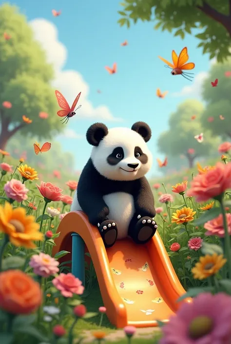 A panda on a slide in a flower garden

