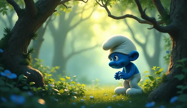 With a dimension of 16:9 With a realistic style and bright colors, illustrate a sad Smurf who is alone in the forest looking ahead.