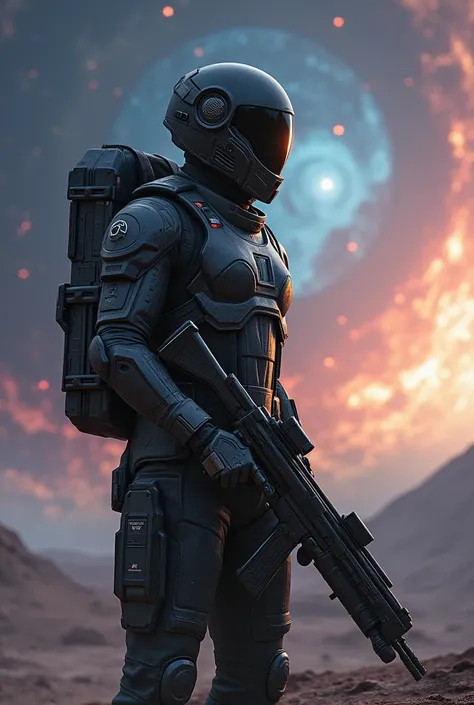 Soldier traveling through space, with uniform and futuristic weapon
