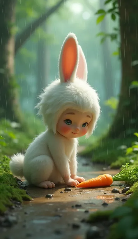 A wet white bunny with drooping ears finds a green carrot on a path in the woods and looks at it, but the rabbit is a boy