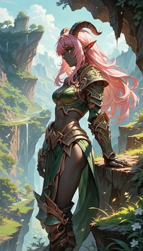 score_9, score_8_up, score_7_up, score_6_up, 1woman, ((black skin)), elf ears, pink hair, long hair, yellow eyes, black sclera, goat horns, armor, gauntlets, cliffside, solo

