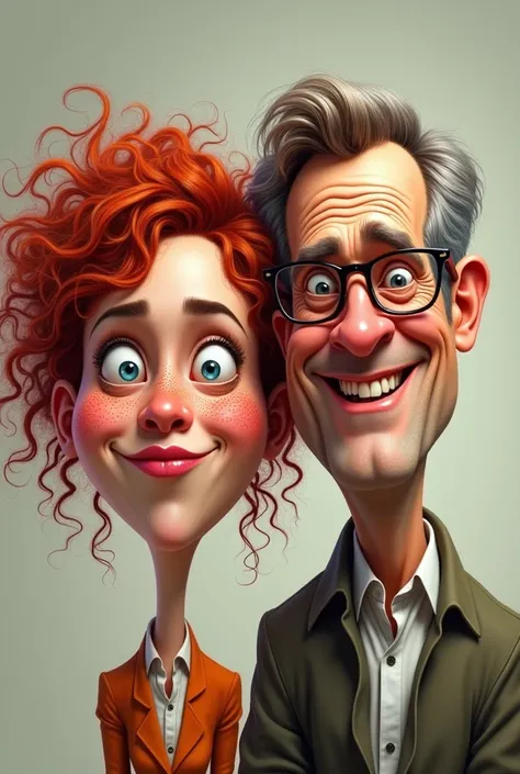 generates a caricature image of a young woman with a large oval face, curly red hair tangled with freckles and large gums. Next to him, an older man with tanned, graying brown hair and glasses. The Man Is Shaved. He has no beard.
Can you make them uglier?