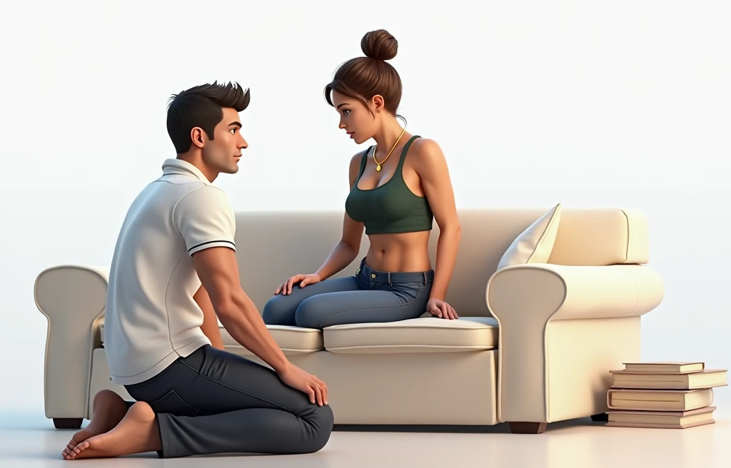 style is ultrarealistc, background is living room, Two people, Paula and Richard, Paula is in the right, Richard is on the left, Paula is a very fit and muscular 30 year old woman, Paula is a bodybuilder, Paula has light skin tone, Paula has light brown ha...