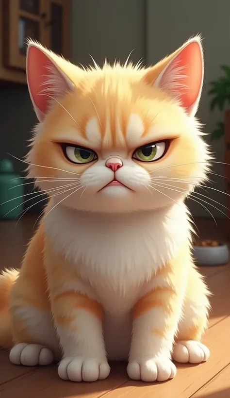 Create a hyper-realistic illustration of an extremelly super grumpy, short-haired cat with a cream and white fur pattern. The cat has a stern, angry expression with slightly narrowed eyes and prominent eyebrows, giving it a humorous but intimidating appear...