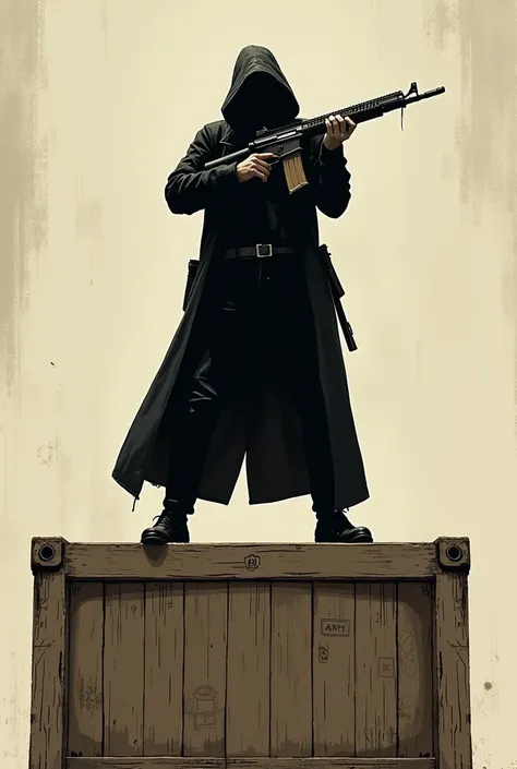 Create a black hooded man on top of a wooden shipping crate, shooting down