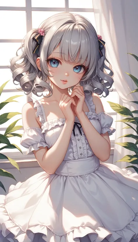 ultra detailed, detailed and cute eyes, japanese , ( cute  girl),look at the photographer､  (curly gray hair, nekomimi),  glossy lips,  center image,  perfect limbs, perfect anatomy,(frilled summerdress),suggestive